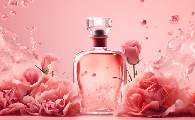 Butelka z perfumami w otoczeniu kwiatów róży