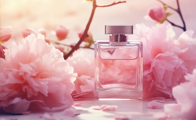 Perfumy otoczone różowymi kwiatami