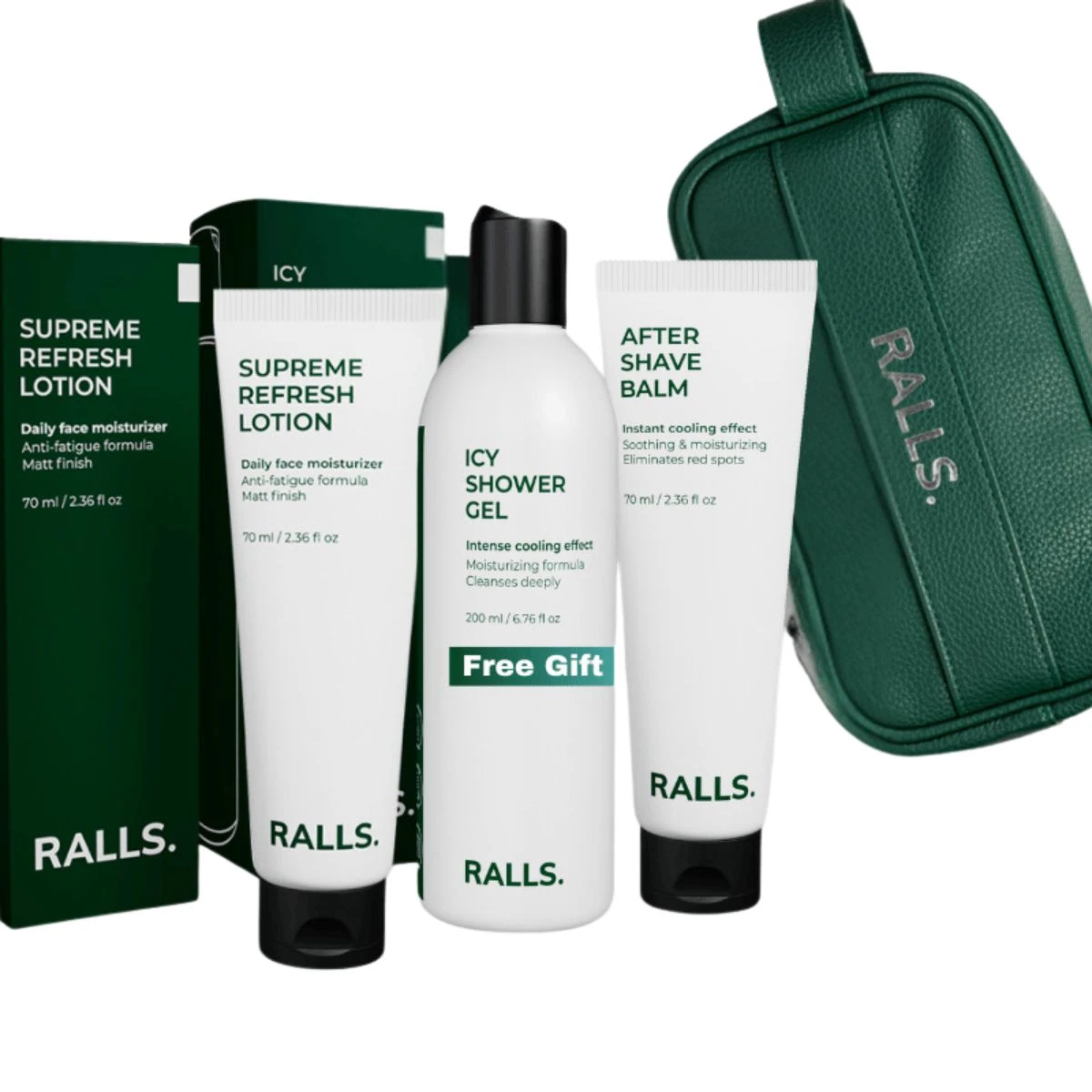 Набор для мужчин Ralls Travel Set: крем для лица, бальзам после бритья, гель для душа и косметичка — фото 2