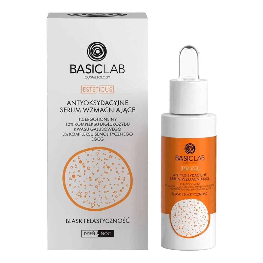 BasicLab COSMETOLOGY Antyoksydacyjne serum wzmacniające 1% ergotioneiny, 10% kom0pleksu diglukozydu kwasu galusowego, 3% kompleksu senolitycznego, EGCG