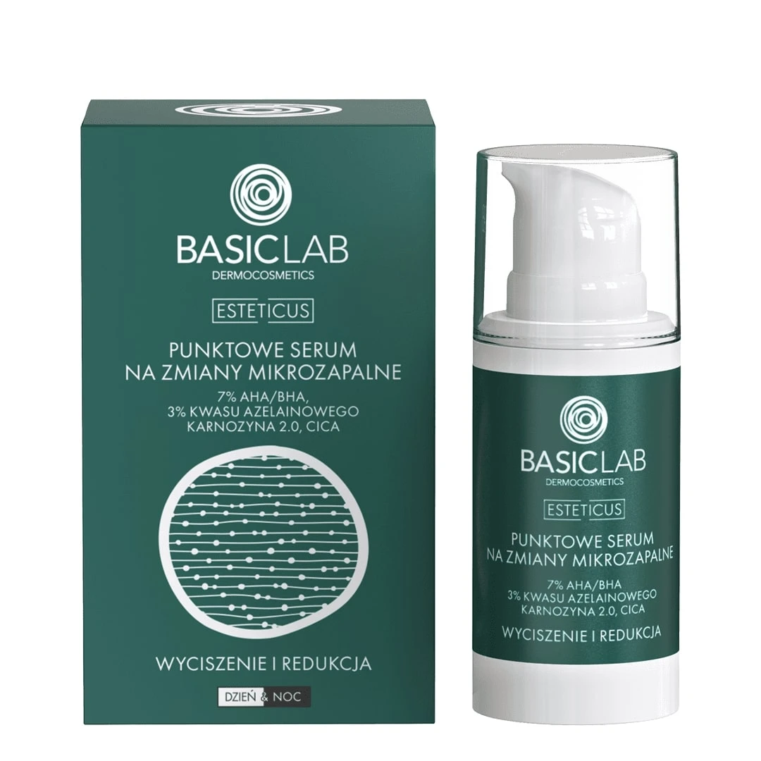 BasicLab Punktowe serum na zmiany mikrozapalne z 7% AHA/BHA, 3% kwasu azelainowego i laktoferyną — Inhaltsstoffe i ocena