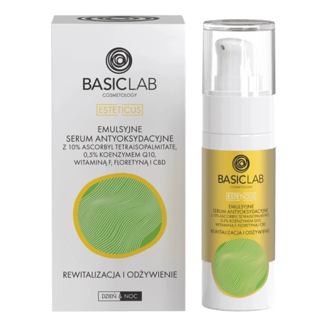 BasicLab COSMETOLOGY Emulsyjne serum antyoksydacyjne 10% ascorbyl tetraisopalmitate, 0,5% koenzym Q10 i CBD — Składniki i ocena