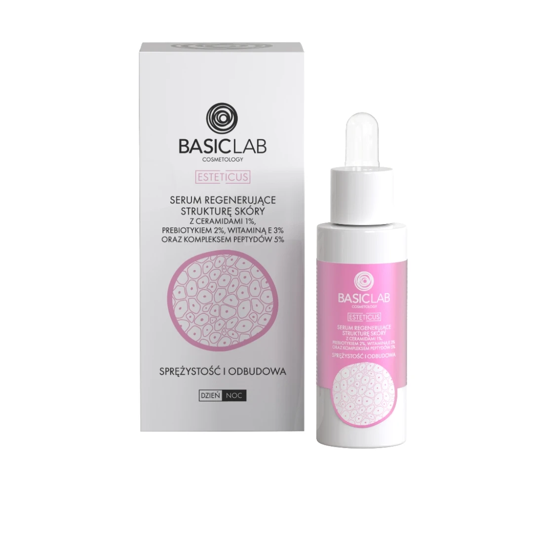 BasicLab COSMETOLOGY Serum regenerujące strukturę skóry 1% ceramidy, 2% prebiotyk i 2% wit — Składniki i ocena