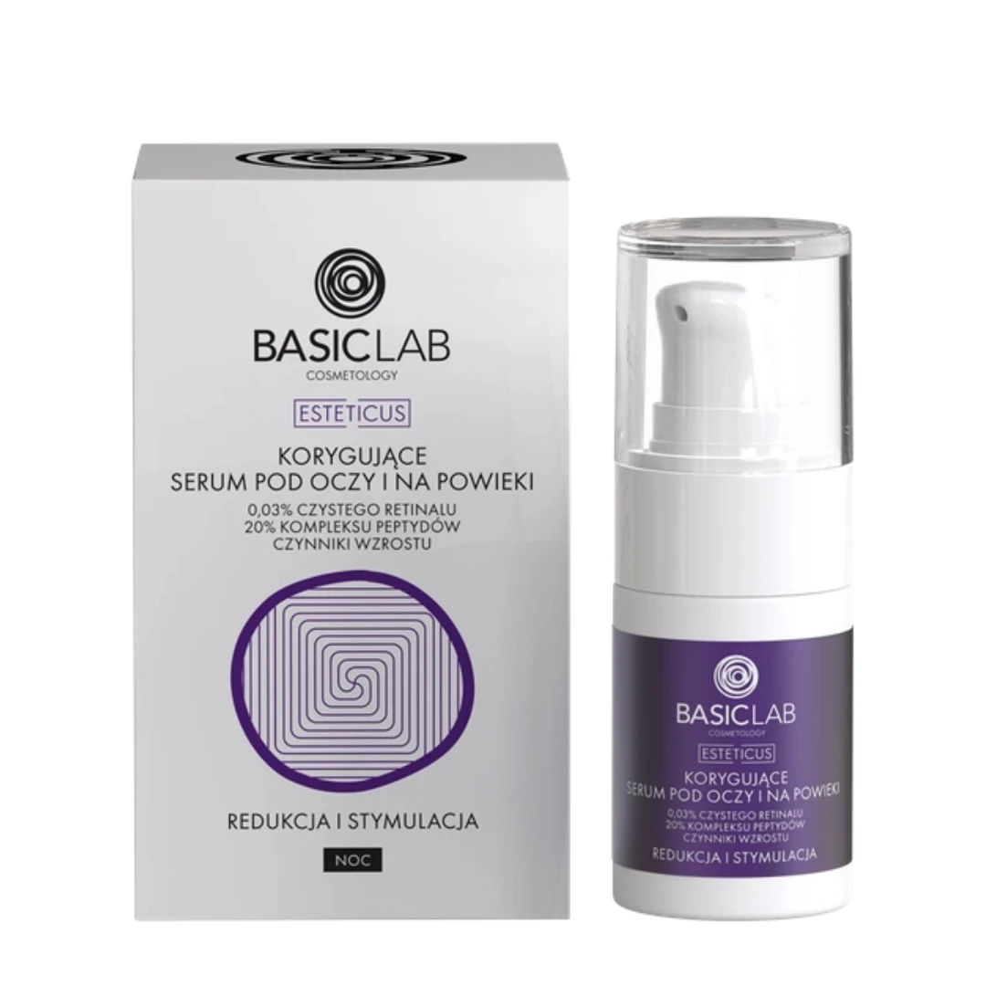 BasicLab COSMETOLOGY Korygujące serum pod oczy z retinalem 0,03%, 20% kompleksem peptydów i czynnikami wzrostu — Inhaltsstoffe i ocena