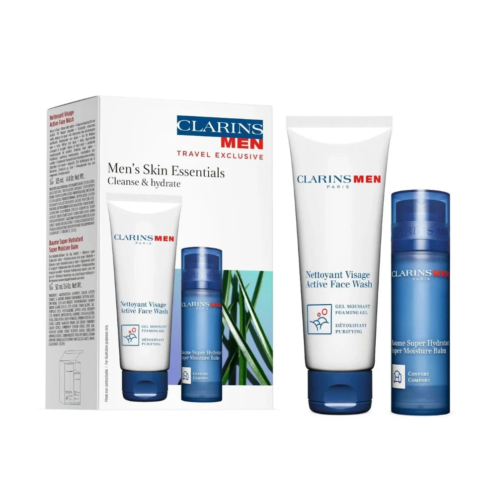 Набор для лица Clarins Men Skin Essentials, бальзам Super Moisture 50 мл и гель для умывания Active Face Wash 125 мл