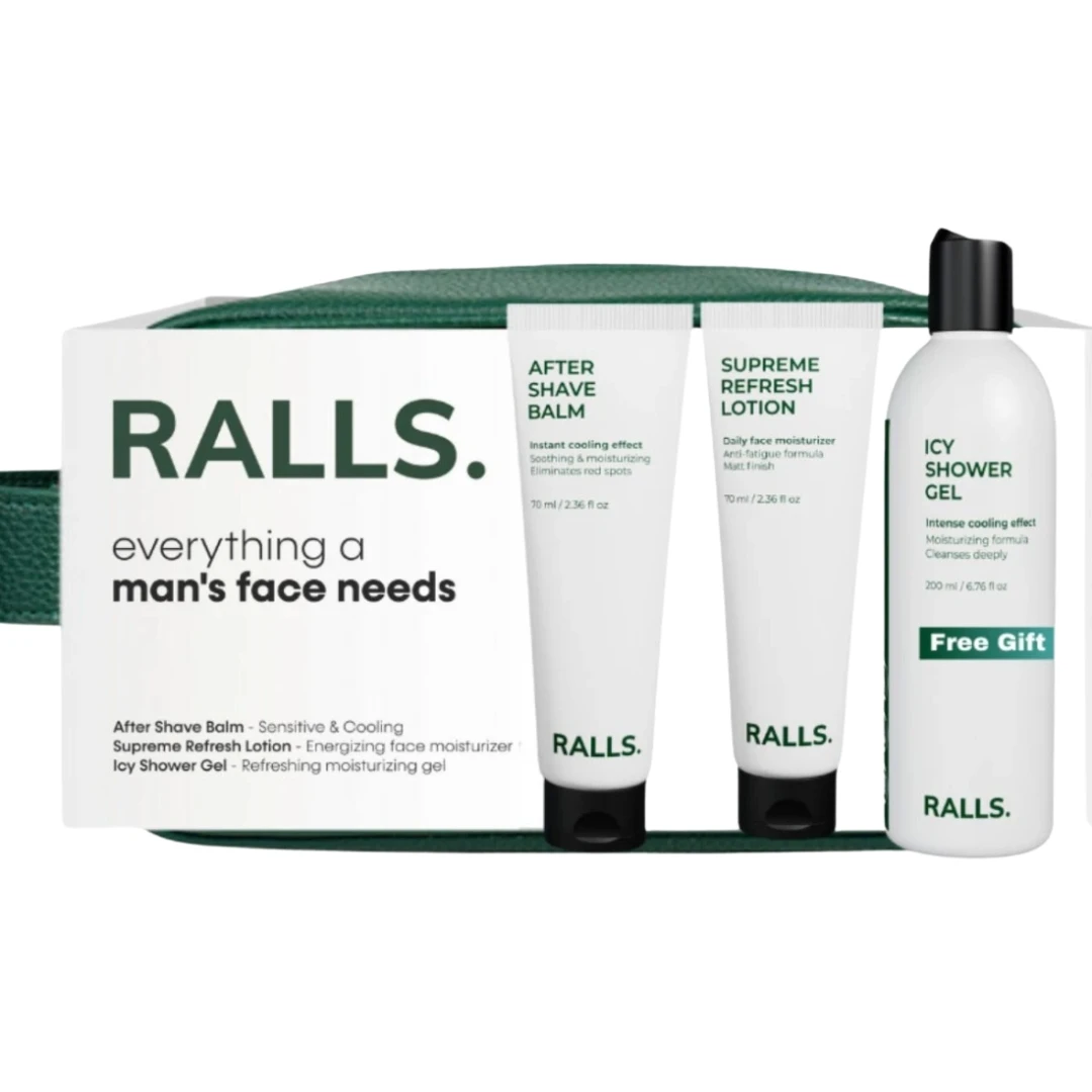 Набор для мужчин Ralls Travel Set: крем для лица, бальзам после бритья, гель для душа и косметичка