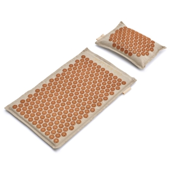 Maty do akupresury Akumata ECO polska ekologiczna mata do akupresury z poduszką naturalny len-złoty beż-złoty