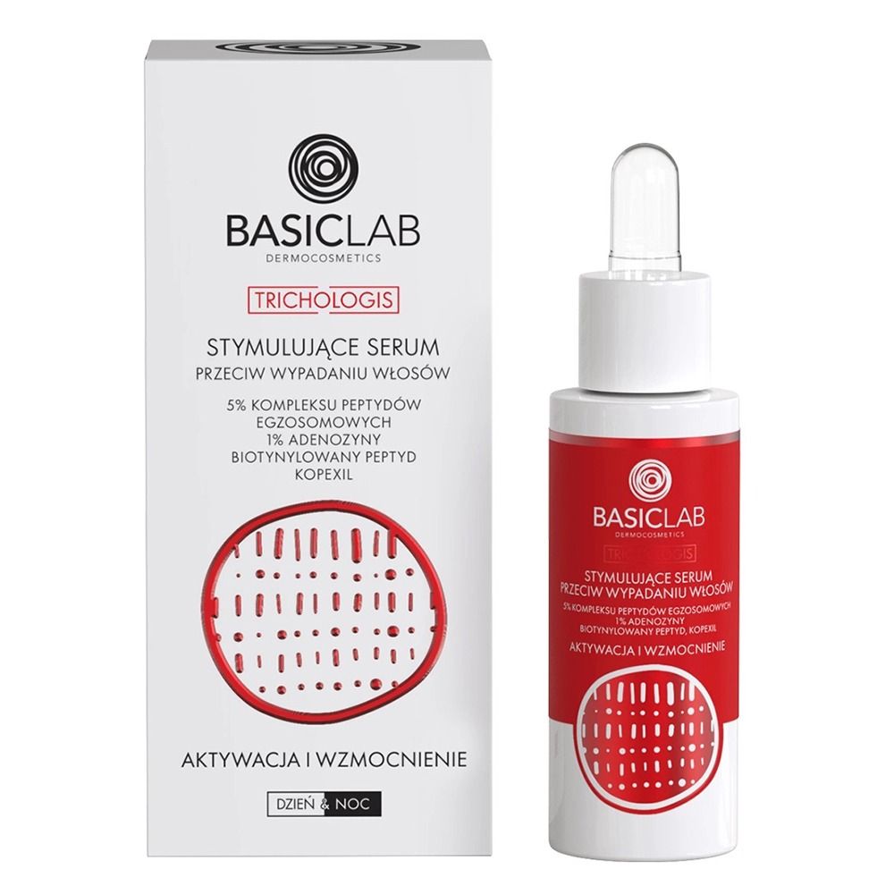 BasicLab Stymulujące Serum przeciw wypadaniu włosów, 5% Kompleksu peptydów egzosomowych, 1% Adenozyny, Biotynylowany peptyd, Kopexil, Aktywacja i Wzmocnienie — Składniki i ocena
