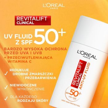Kremy na dzień Revitalift Clinical Anti-UV Fluid SPF 50+ 50 ml
